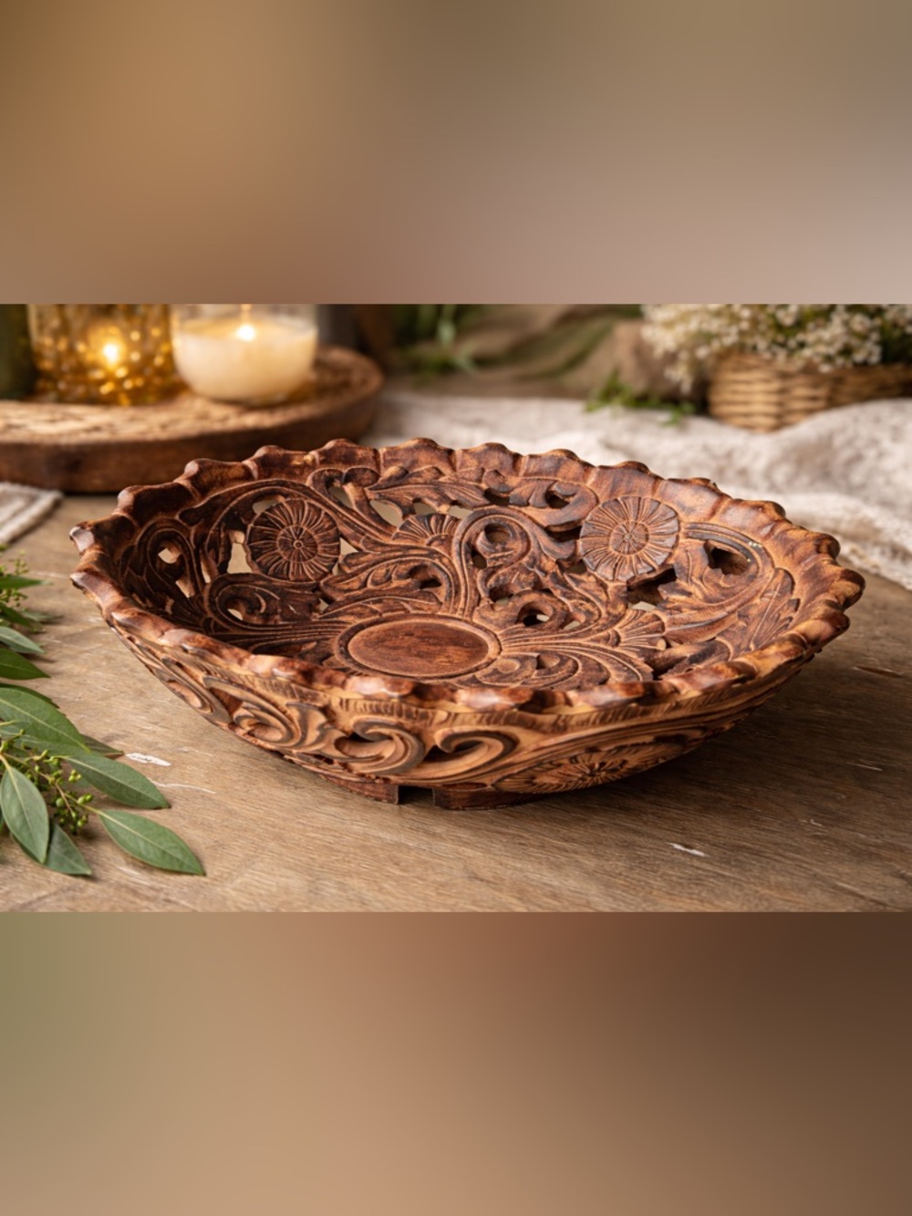 VINTAGE STYLE CARVED RESIN DECORATIVE BOWL ORNATE FLORAL SCROLL 💕